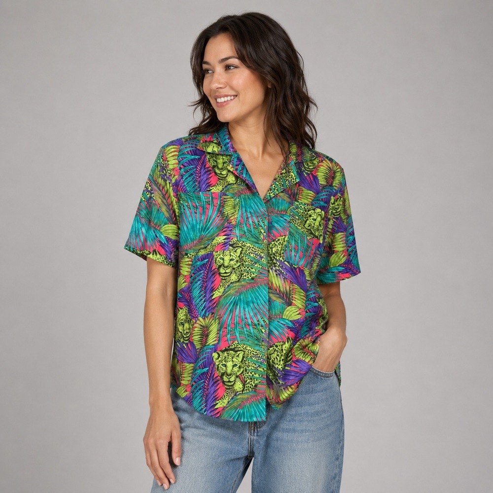 Vintage Petite Notations Tropical Blouse Womens 8P Leopard Jungle Button Shirt S